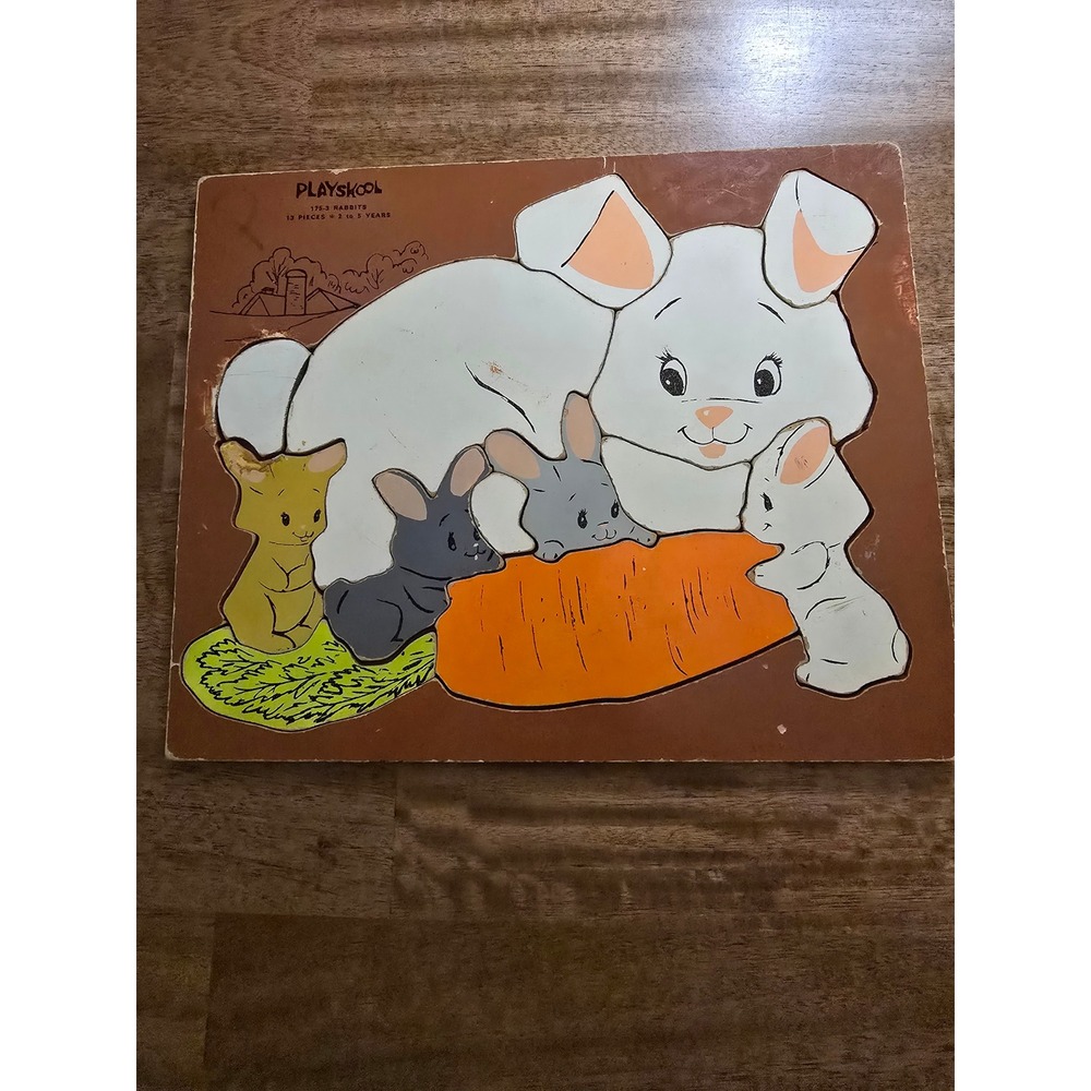 Vintage Playskool Wooden‎ Inlay Puzzle Rabbits Bunnies Carrot 13 Pieces